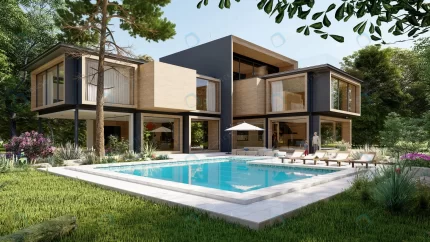 3d rendering large modern contemporary house wood crc3396c683 size30.40mb 7680x4320 - title:graphic home - اورچین فایل - format: - sku: - keywords: p_id:353984