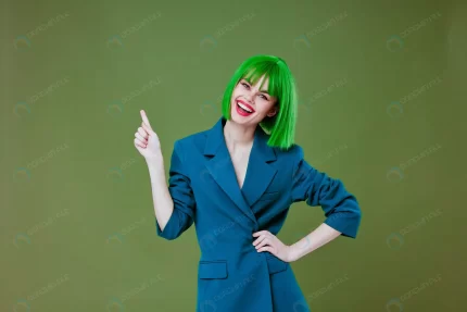 beauty fashion woman wearing green wig blue jacke crc45cc3721 size12.69mb 6578x4385 - title:graphic home - اورچین فایل - format: - sku: - keywords: p_id:353984