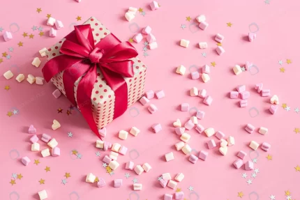candies gift box with red bow pink surface crc066401b9 size11.25mb 5472x3648 - title:graphic home - اورچین فایل - format: - sku: - keywords: p_id:353984