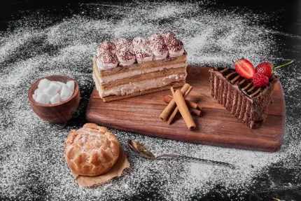 chocolate cake slice with tiramisu wooden platter crc0196b492 size23.55mb 6240x4160 - title:graphic home - اورچین فایل - format: - sku: - keywords: p_id:353984