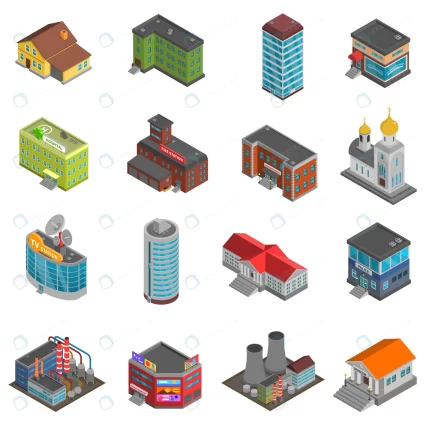 city buildings isometric icons set crc83f83527 size3.54mb - title:graphic home - اورچین فایل - format: - sku: - keywords: p_id:353984