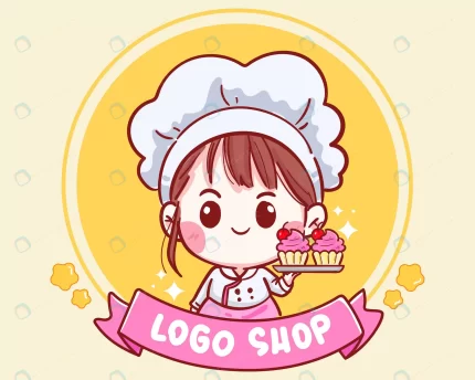 cute chef holding cherry cupcakes shop logo - title:graphic home - اورچین فایل - format: - sku: - keywords: p_id:353984