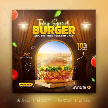 delicious burger food menu social media promotion crc4b3b7ae8 size8.93mb - title:graphic home - اورچین فایل - format: - sku: - keywords: p_id:353984
