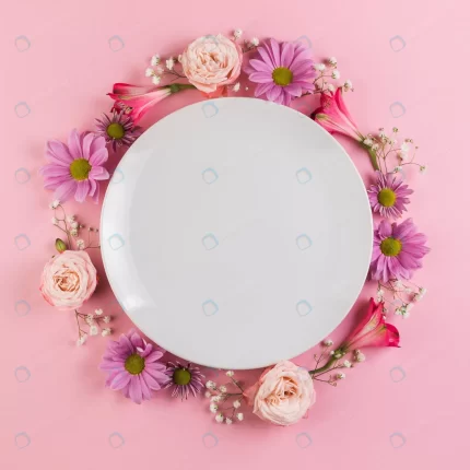 empty white plate decorated with colorful flowers crc24f4895e size6.53mb 4268x4268 - title:graphic home - اورچین فایل - format: - sku: - keywords: p_id:353984