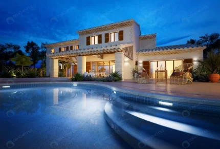 external view modern house with pool dusk crc0a897da3 size9.93mb 4500x3047 - title:graphic home - اورچین فایل - format: - sku: - keywords: p_id:353984