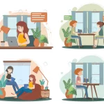 four scenes with people working from home crcb42f2446 size2.96mb - title:Home - اورچین فایل - format: - sku: - keywords:وکتور,موکاپ,افکت متنی,پروژه افترافکت p_id:63922