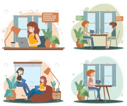 four scenes with people working from home crcb42f2446 size2.96mb - title:graphic home - اورچین فایل - format: - sku: - keywords: p_id:353984