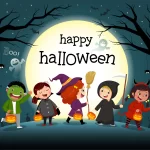 halloween night background with group kids costume party - title:Home - اورچین فایل - format: - sku: - keywords:وکتور,موکاپ,افکت متنی,پروژه افترافکت p_id:63922