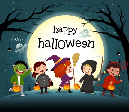 halloween night background with group kids costume party - title:graphic home - اورچین فایل - format: - sku: - keywords: p_id:353984