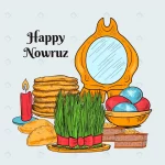 hand drawn happy nowruz illustration with mirror. crc5df5e1a0 size4.8mb 1 - title:Home - اورچین فایل - format: - sku: - keywords:وکتور,موکاپ,افکت متنی,پروژه افترافکت p_id:63922