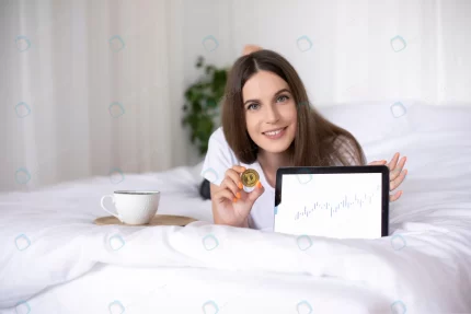 happy girl holding crypto coin tablet with financi rnd275 frp29203768 - title:graphic home - اورچین فایل - format: - sku: - keywords: p_id:353984