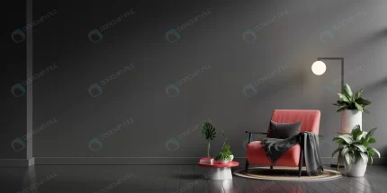 interior wall mockup dark tones with red armchair crc72622fa5 size3.80mb 5000x2500 - title:graphic home - اورچین فایل - format: - sku: - keywords: p_id:353984