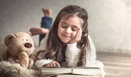 little girl reading book with teddy bear floor co crcc983da2b size6.76mb 5328x3154 - title:graphic home - اورچین فایل - format: - sku: - keywords: p_id:353984