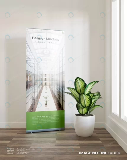roll up banner mockup with plant beside window crc7f8a692b size53.88mb - title:graphic home - اورچین فایل - format: - sku: - keywords: p_id:353984