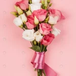 top view beautiful roses bouquet with pink ribbon crca7a10892 size0.64mb 2726x3407 - title:Home - اورچین فایل - format: - sku: - keywords:وکتور,موکاپ,افکت متنی,پروژه افترافکت p_id:63922