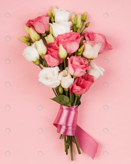 top view beautiful roses bouquet with pink ribbon crca7a10892 size0.64mb 2726x3407 - title:graphic home - اورچین فایل - format: - sku: - keywords: p_id:353984