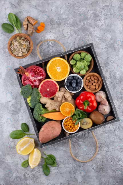 top view immunity boosting foods with vegetables crc606b60dc size14.84mb 3923x5885 - title:graphic home - اورچین فایل - format: - sku: - keywords: p_id:353984