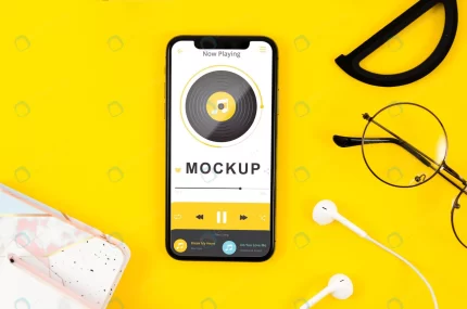 top view smartphone mock up with earphones glasse crc92e93542 size36.85mb - title:graphic home - اورچین فایل - format: - sku: - keywords: p_id:353984