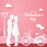 valentine s day greeting card couple love holding hands looking each other with bicycle pink paper cut style illustration 1 - title:Home - اورچین فایل - format: - sku: - keywords:وکتور,موکاپ,افکت متنی,پروژه افترافکت p_id:63922