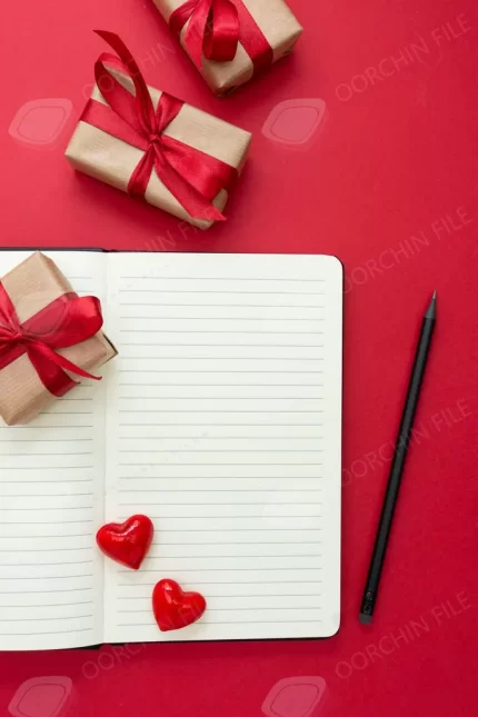 valentine s day mock up open notebook with red hearts gift boxes red background copy space text - title:تاریخچه، معرفی و منابع فایل های استوک - اورچین فایل - format: - sku: - keywords:تاریخچه، معرفی و منابع فایل های استوک,فایل استوک,فایل های استوک,معرفی,منابع فایل های استوک p_id:347137