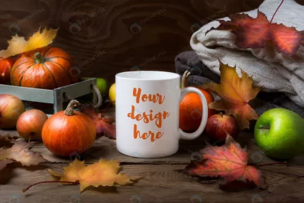 white coffee mug mockup with fall leaves pumpkins crc3c4d84d7 size94.92mb - title:graphic home - اورچین فایل - format: - sku: - keywords: p_id:353984