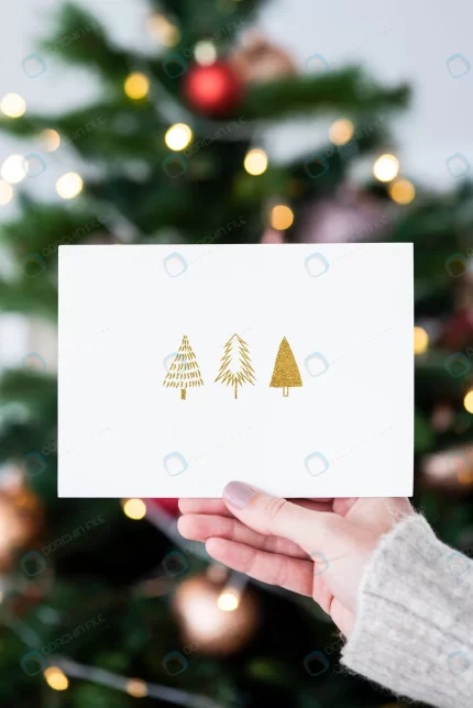 woman holding christmas card front christmas tree crcdf1b9849 size173.48mb - title:graphic home - اورچین فایل - format: - sku: - keywords: p_id:353984