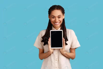 woman holds modern tablet with mockup screen your rnd819 frp31940855 - title:graphic home - اورچین فایل - format: - sku: - keywords: p_id:353984