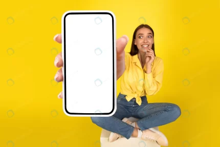 woman showing white empty smartphone screen close rnd205 frp28133952 - title:graphic home - اورچین فایل - format: - sku: - keywords: p_id:353984