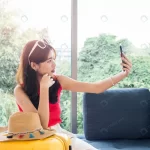 - young beautiful asian woman holding smart mobile p rnd899 frp31925067 - Home