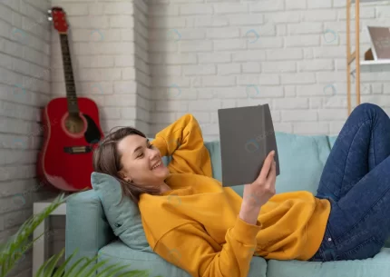 smiley woman reading couch crc75b15c2c size1.37mb 5429x3857 - title:graphic home - اورچین فایل - format: - sku: - keywords: p_id:353984